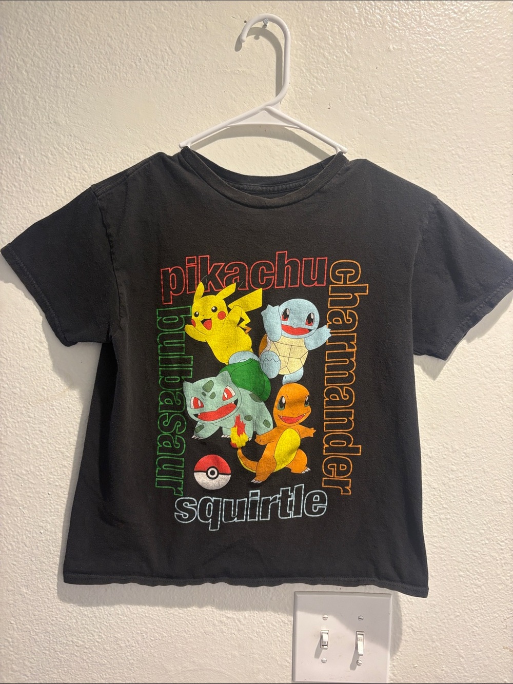 Pokemon Black Kids Tee with Pikachu, Squirtle, Charmander & Bulbasaur